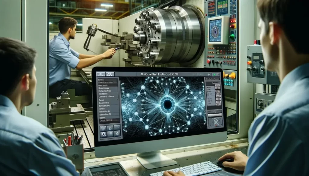 Engineers track a part on a CNC lathe